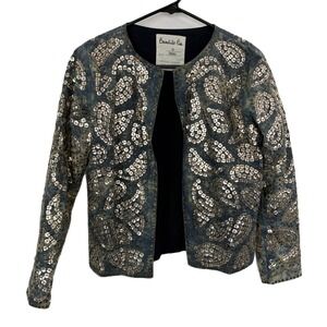 Bendito Pie Jacket Womens Small Blue Studded Sequin Paisley Boho Open